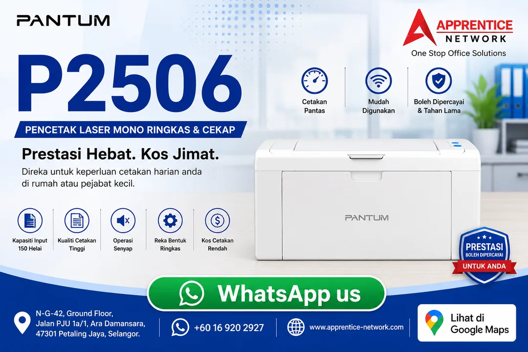 Pencetak Laser Monokrom Kompak Pantum P2506 Pejabat & Rumah