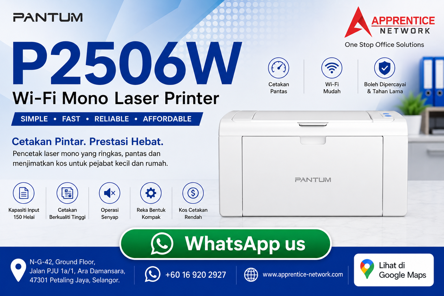 Pencetak Laser Monokrom Tanpa Wayar Pantum P2506W Compact Wi-Fi